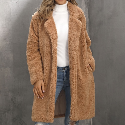 

Women's Faux Fur Coat Warm Street Daily Vacation Casual Daily Pocket Cardigan Turndown Ordinary Casual Comfortable Plush Solid Color Regular Fit Outerwear Long Sleeve Winter Fall Black Camel S M L XL