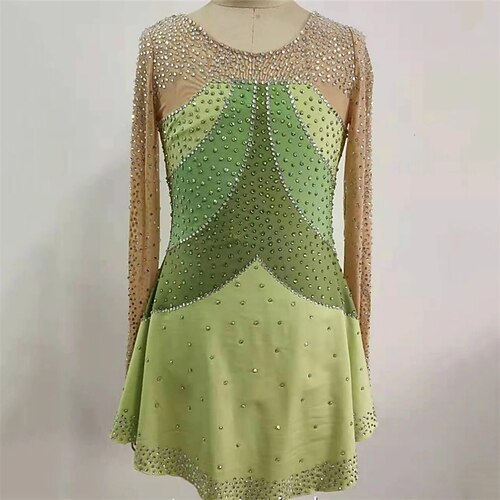 

Figure Skating Dress Women's Girls' Ice Skating Dress Green Thumbhole High Elasticity Training Competition Skating Wear Crystal / Rhinestone Long Sleeve Ice Skating Figure Skating / Winter