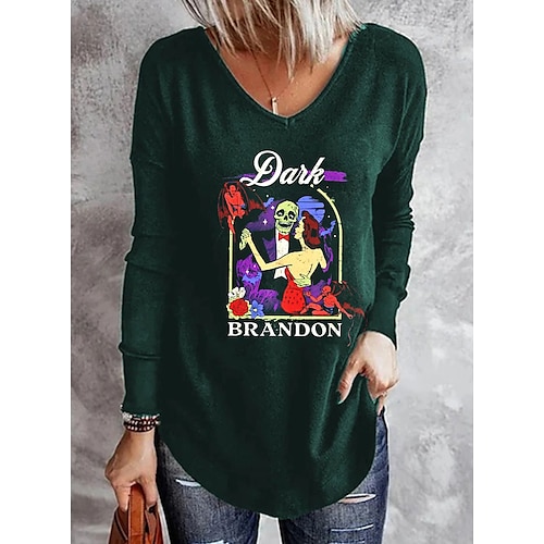 

Women's T shirt Tee Letter Home Halloween Casual T shirt Tee Long Sleeve Print V Neck Basic Green Black Blue S