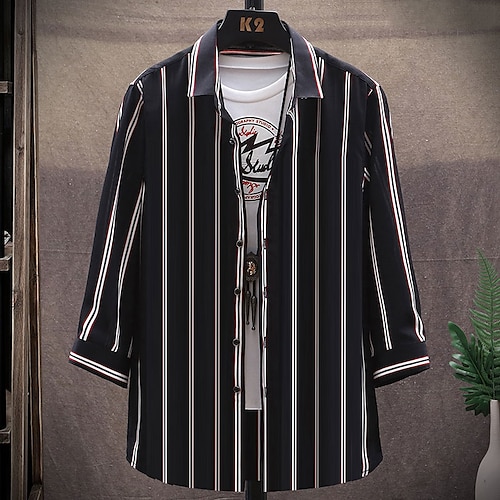 

Men's Shirt Dress Shirt Casual Shirt Striped Plaid Solid Colored Solid Color Square Neck Party Street 3/4 Length Sleeve Tops Simple Lightweight Casual Fashion Black / Red Black / White WhiteRed