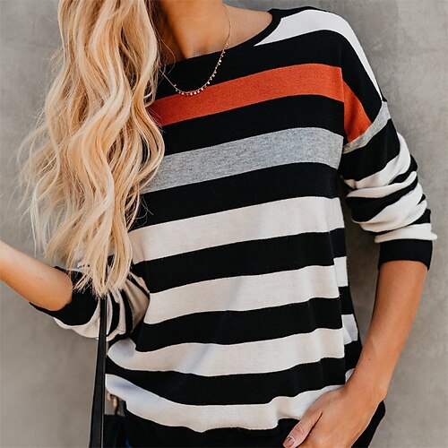 

Women's Pullover Crew Neck Stripes Patchwork Casual Daily Sports Streetwear Casual Clothing Apparel Hoodies Sweatshirts Black