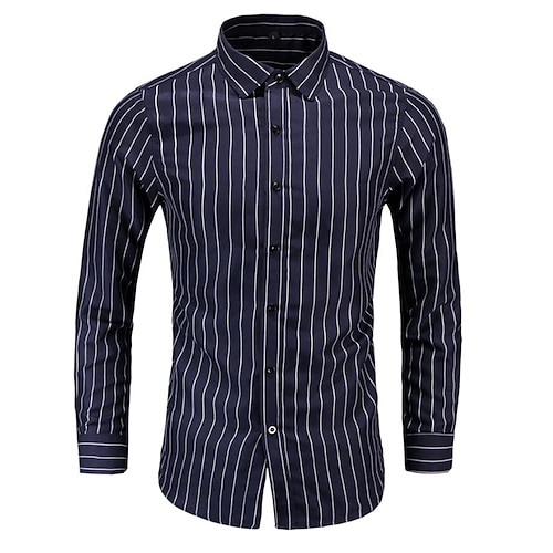 

Men's Dress Shirt Button Up Shirt Collared Shirt White Navy Blue Long Sleeve Striped Classic Collar Spring Fall Wedding Casual Clothing Apparel