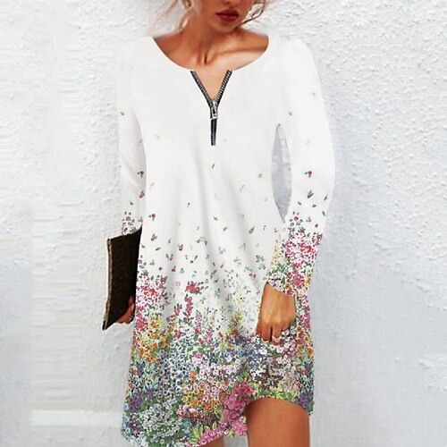 

Women's T Shirt Dress Tee Dress A Line Dress Knee Length Dress White Long Sleeve Floral Zipper Print Fall Winter Crew Neck Stylish Vacation Loose 2022 XS S M L XL 2XL 3XL 4XL 5XL 6XL