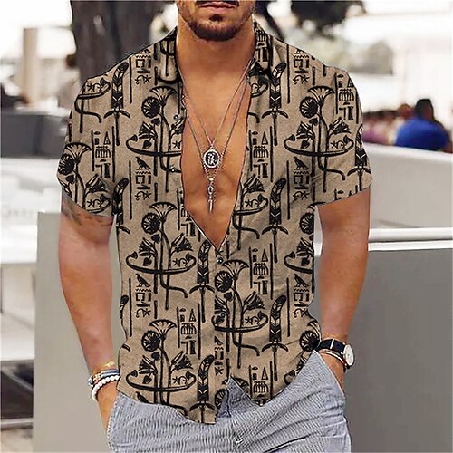 

Men's Shirt Tribal Turndown Khaki Short Sleeves 3D Print Outdoor Street Button-Down Print Tops Vintage Designer Ethnic Style Casual / Summer / Spring / Summer