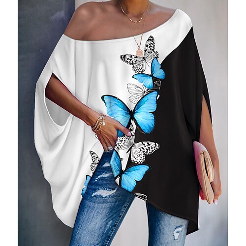 

Women's Shirt Butterfly Color Block Holiday Weekend Butterfly Shirt Half Sleeve Print One Shoulder Casual Streetwear White S / 3D Print