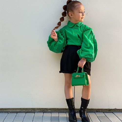 

2 Pieces Kids Girls' Shirt & Shorts Clothing Set Outfit Solid Color Long Sleeve Ruched Set Outdoor Active Daily Spring Summer 2-8 Years Green