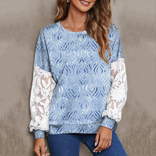 

Women's Sweatshirt Pullover Active Streetwear Patchwork Print Green Blue Purple Graphic Daily Round Neck Long Sleeve S M L XL / 3D Print