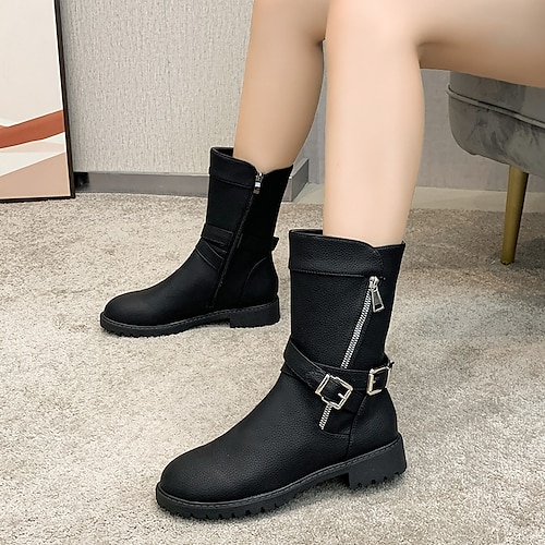 

Mulheres Botas Martin Boots Inverno Salto Robusto Ponta Redonda Pele PU zíper Preto Branco