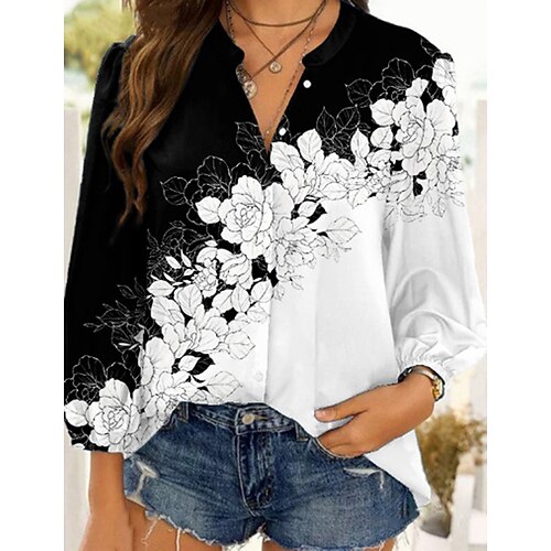 

Women's Blouse Floral Butterfly Snowflake Daily Holiday Weekend Floral Butterfly Blouse Shirt Long Sleeve Button Print Standing Collar Casual Streetwear Green White Blue S / 3D Print