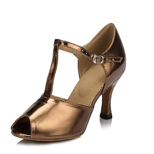 

Women's Latin Shoes Dance Shoes Performance Sparkling Shoes Heel Solid Color Flared Heel T-Strap Bronze