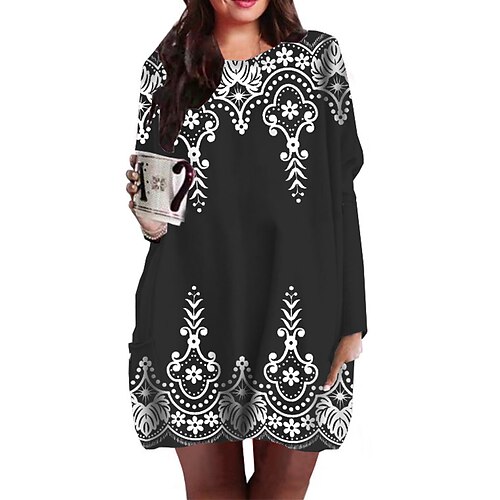 

Women's Plus Size Casual Dress Floral Crew Neck Print Long Sleeve Fall Winter Casual Short Mini Dress Causal Daily Dress