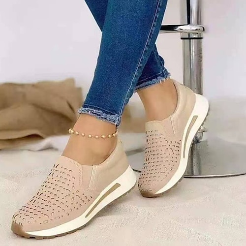 

Women's Sneakers Outdoor Office Work Plus Size Slip-on Sneakers Lace Wedge Heel Round Toe Casual Walking Shoes PU Leather Loafer Solid Colored Black Rosy Pink Khaki