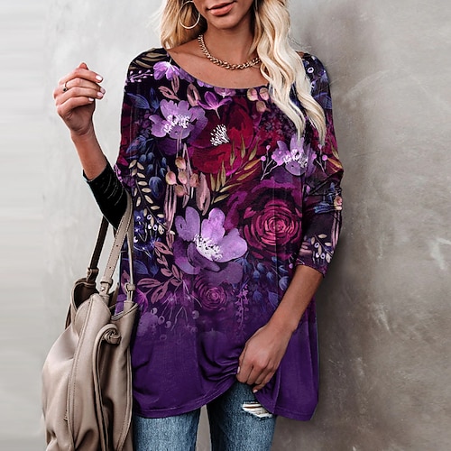 

Women's T shirt Tee Floral Casual Holiday Weekend Floral Painting T shirt Tee Long Sleeve Print Round Neck Basic Purple S / 3D Print