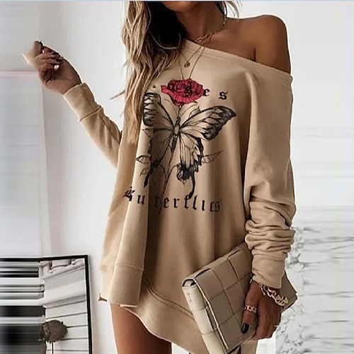 

Women's Hoodie Dress Shift Dress Short Mini Dress Khaki Long Sleeve Butterfly Letter Animal Print Fall Winter One Shoulder Casual Loose 2022 S M L XL XXL 3XL / Casual Dress