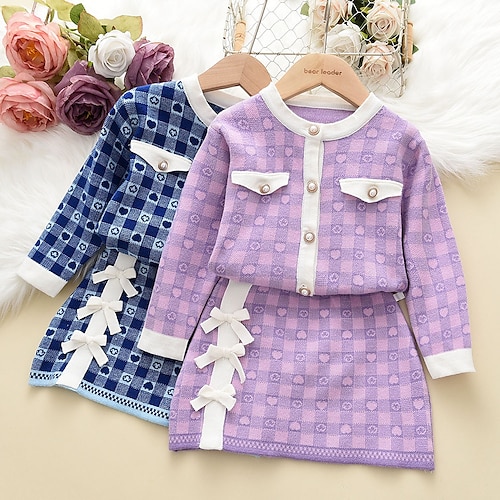 

Kids Toddler Girls' SkirtSet Clothing Set 2 Pieces Long Sleeve Blue Purple Plaid Heart Patchwork Bow Fashion Daily Regular 2-8 Years