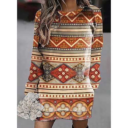 

Women's Hoodie Dress Geometric Pocket Print Daily Weekend 3D Print Streetwear Ethnic Hoodies Sweatshirts Orange