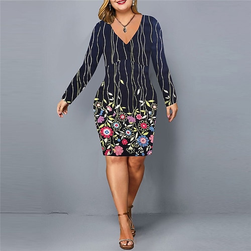 

Women's Plus Size Work Dress Floral V Neck Print Long Sleeve Fall Spring Stylish Work Short Mini Dress Daily Vacation Dress / 3D Print