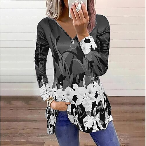 

Women's T shirt Tee Floral Casual Weekend Floral Painting T shirt Tee Long Sleeve Quarter Zip Print V Neck Basic Green Blue Gray S / 3D Print