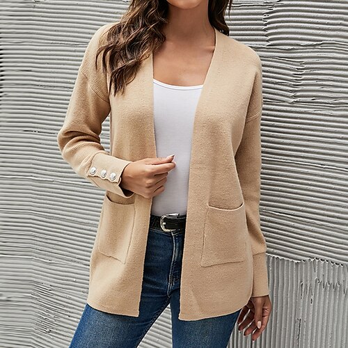 

Women's Cardigan Sweater Jumper Ribbed Knit Pocket Knitted Pure Color Open Front Stylish Casual Outdoor Daily Winter Fall Khaki S M L / Long Sleeve / Regular Fit / Going out