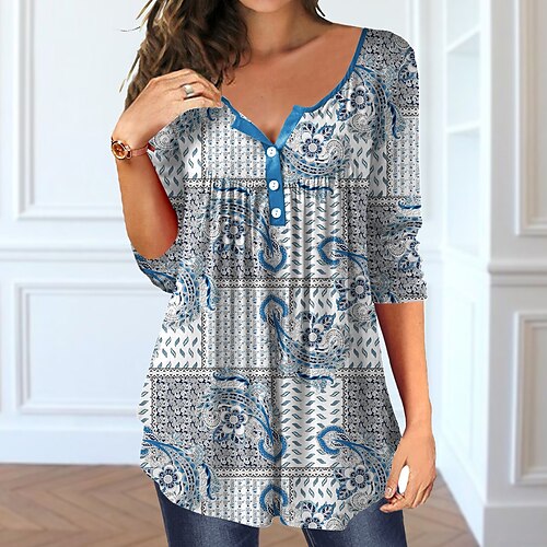 

Women's T shirt Tee Paisley Casual Weekend Painting T shirt Tee Long Sleeve Flowing tunic Button Print V Neck Basic Green Blue Purple S / 3D Print