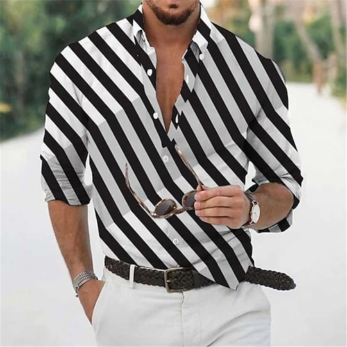 

Men's Shirt Graphic Shirt Striped Turndown Black 3D Print Outdoor Street Long Sleeve Button-Down Print Clothing Apparel Fashion Designer Casual Breathable