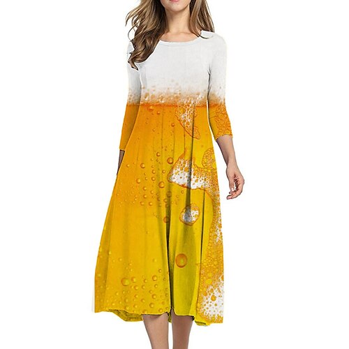 

Women's Shift Dress Midi Dress Yellow 3/4 Length Sleeve Print Ruched Print Fall Winter Round Neck Casual Vacation 2022 S M L XL XXL 3XL