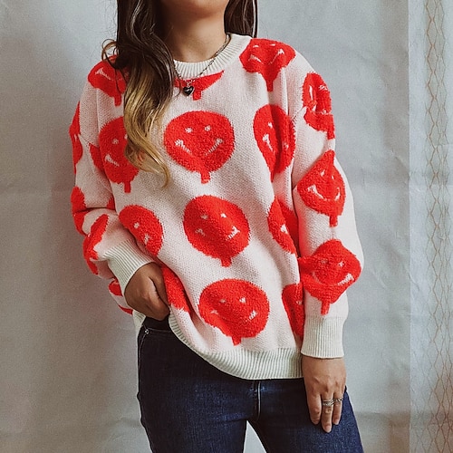 

Women's Pullover Sweater Jumper Chunky Knit Tunic Knitted Abstract Crew Neck Stylish Casual Home School Fall Winter White Black S M L / Long Sleeve