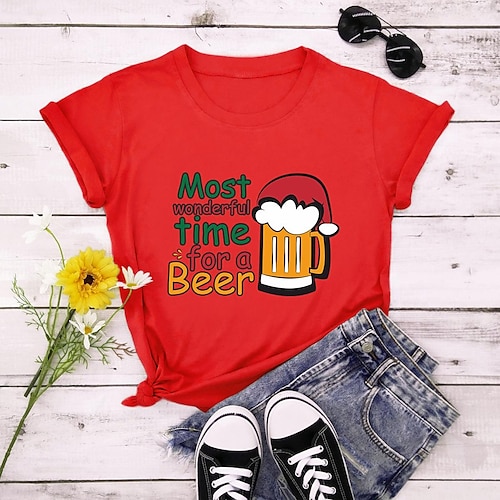 

christmas 2021 women's crew neck, loose fit, printed christmas beer santa hat pattern short sleeves