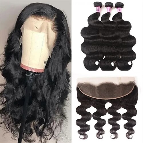 

3 Bundles with Closure Hair Weaves Brazilian Hair Body Wave Human Hair Extensions Human Hair Extension Weave 14-20 inch Black Women Easy dressing Comfy / Daily Wear / Party / Evening / Party