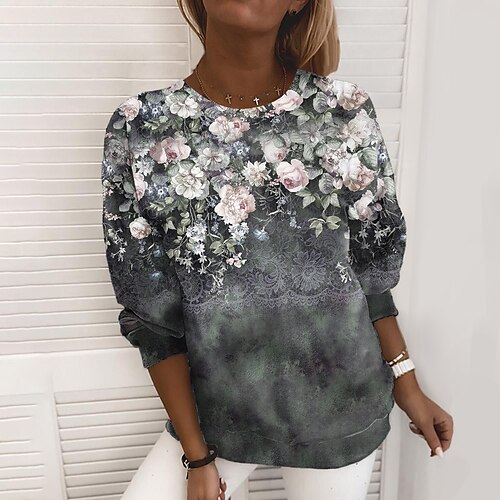 

Women's Sweatshirt Pullover Active Streetwear Print Green Floral Daily Round Neck Long Sleeve S M L XL XXL 3XL