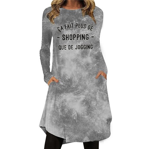 

Women's Shift Dress Knee Length Dress Gray Long Sleeve Color Gradient Letter Pocket Print Fall Winter Crew Neck Casual Vacation 2022 S M L XL XXL 3XL
