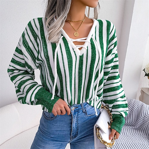 

Women's Pullover Sweater Jumper Ribbed Knit Knitted Striped V Neck Stylish Casual Daily Holiday Lantern Sleeve Fall Winter Green Black S M L / Long Sleeve