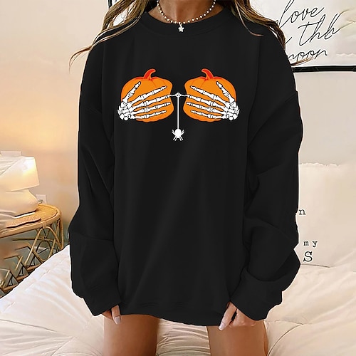 

Women's Sweatshirt Pullover Crew Neck Skull Pumpkin Print Halloween Weekend Hot Stamping Active Athletic Clothing Apparel Hoodies Sweatshirts Black Dark Grey