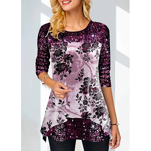 

Women's Blouse Purple Yellow Lavender Sparkly Print Long Sleeve Casual Weekend Basic Round Neck Long Painting S / 3D Print