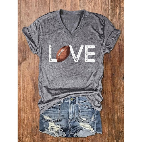 

Women's T shirt Tee Blue Purple Orange Print Short Sleeve Casual Weekend Basic V Neck Regular Football Is My Favorite Season Painting S