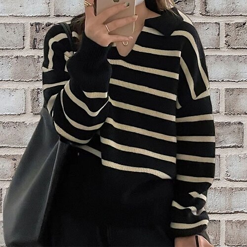 

Women's Pullover Sweater Jumper Ribbed Knit Stripe Knitted Striped Shirt Collar Stylish Vintage Style Daily Going out Fall Winter Black Khaki One-Size / Long Sleeve