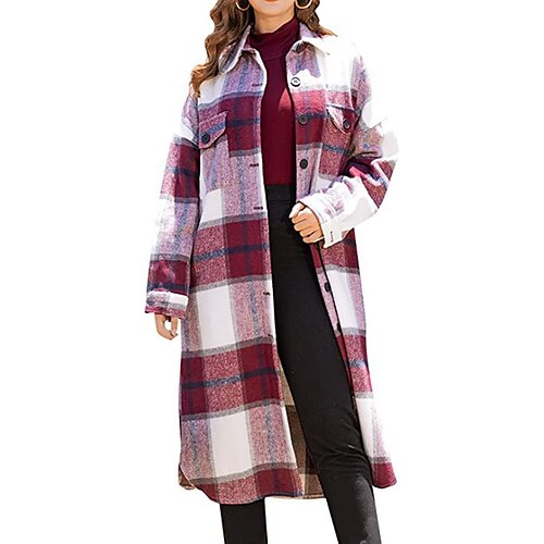 

Women's Casual Jacket Warm Breathable Outdoor Daily Wear Vacation Pocket Single Breasted Turndown Comfortable Shacket Plaid Regular Fit Outerwear Long Sleeve Winter Fall Green Blue Purple S M L XL XXL