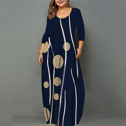 

Women's Plus Size Casual Dress Geometric U Neck Print Long Sleeve Fall Winter Casual Vintage Maxi long Dress Causal Daily Dress / 3D Print