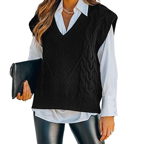 

Women's Sweater Vest Jumper Crochet Knit Knitted Solid Color V Neck Stylish Casual Daily Date Fall Winter Black Gray S M L / Sleeveless / Regular Fit / Sleeveless / Going out