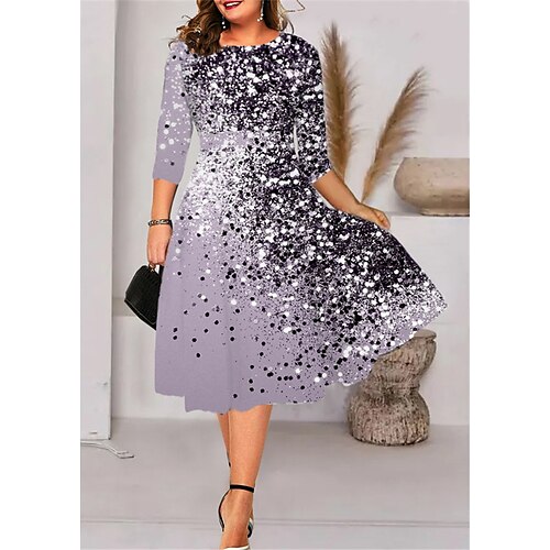 

Women's Plus Size Work Dress Color Gradient Crew Neck Print 3/4 Length Sleeve Fall Spring Work Formal Midi Dress Daily Vacation Dress / 3D Print