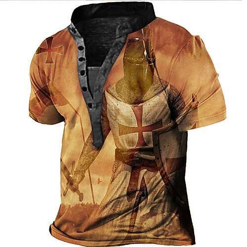 

Men's T shirt Tee Henley Shirt Tee 3D Print Graphic Soldier Plus Size Stand Collar Daily Sports Button-Down Print Short Sleeve Tops Designer Basic Casual Big and Tall Brown / Summer