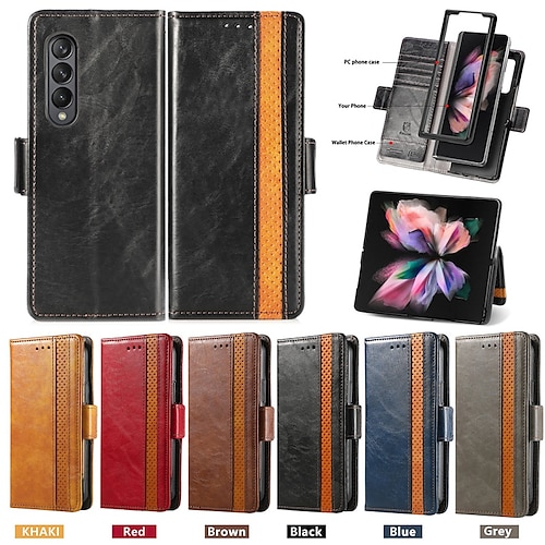

Phone Case For Samsung Galaxy Wallet Card Z Fold 3 Z Fold 4 Card Holder Slots Magnetic Flip Kickstand Solid Colored PC PU Leather
