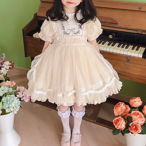 

Kids Little Girls' Dress Solid Colored A Line Dress Holiday Christening dress Pleated Mesh Lace Beige Midi Short Sleeve Princess Cute Dresses Fall Spring Regular Fit 3-10 Years