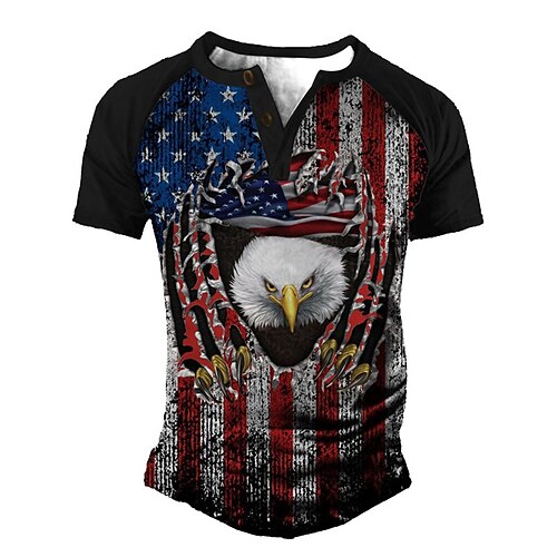 

Men's T shirt Tee Henley Shirt Tee Graphic Eagle National Flag Henley Red Short Sleeve 3D Print Plus Size Outdoor Daily Patchwork Button-Down Tops Basic Designer Casual Classic / Summer / Summer