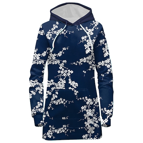 

Women's Pullover Hoodie Dress Floral Front Pocket Print Daily Weekend 3D Print Streetwear Long Clothing Apparel Hoodies Sweatshirts Navy Blue