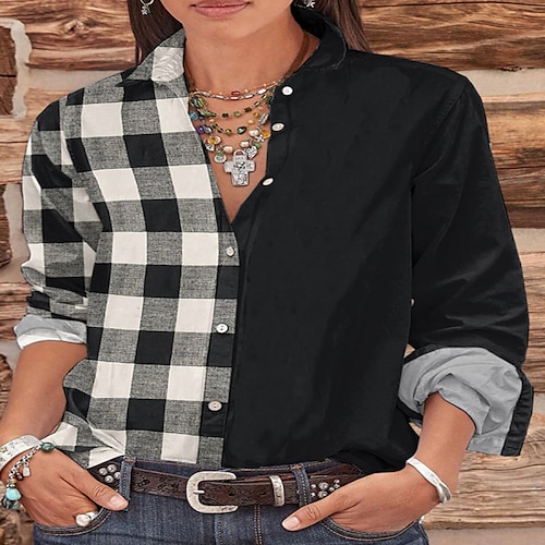 

Women's Blouse Plaid Daily Weekend Blouse Shirt Long Sleeve Button Print Shirt Collar Casual Streetwear Green Black Red S / 3D Print