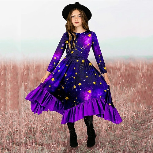 

Kids Little Girls' Dress Galaxy A Line Dress Daily Holiday Vacation Ruffle Print Purple Red Maxi Long Sleeve Casual Cute Sweet Dresses Fall Winter Regular Fit 3-12 Years