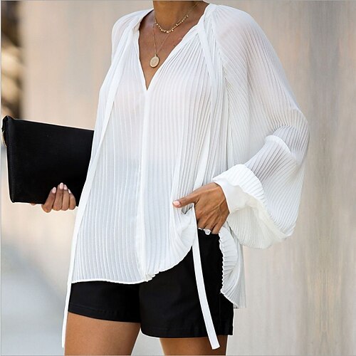 

Women's Blouse Plain Daily Weekend Blouse Shirt Long Sleeve Lace up V Neck Casual White Black Purple S