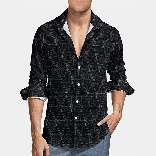 

Men's Shirt 3D Print Graphic Patterned Geometry Turndown Street Daily 3D Print Button-Down Long Sleeve Tops Casual Classic Hawaiian Comfortable Black / Summer