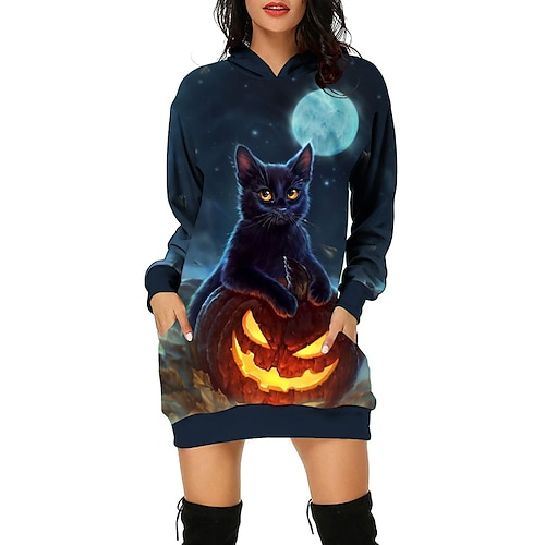 

Women's Pullover Hoodie Sweatshirt Pullover Active Streetwear Long Pocket Print Black Yellow Navy Blue Skull Cat Pumpkin Halloween Hooded Long Sleeve